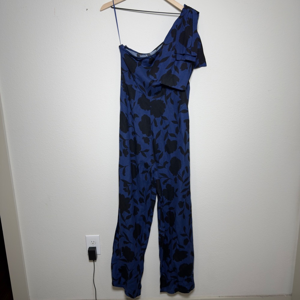 Kate Spade Women Linen‎ Jumpsuit 8 Blue Black Floral One Shoulder Wide Leg - Picture 7 of 11